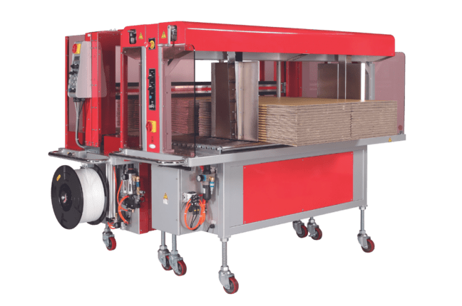 Corrugated strapping machine with 3-sided squaring station TP-702CCQ