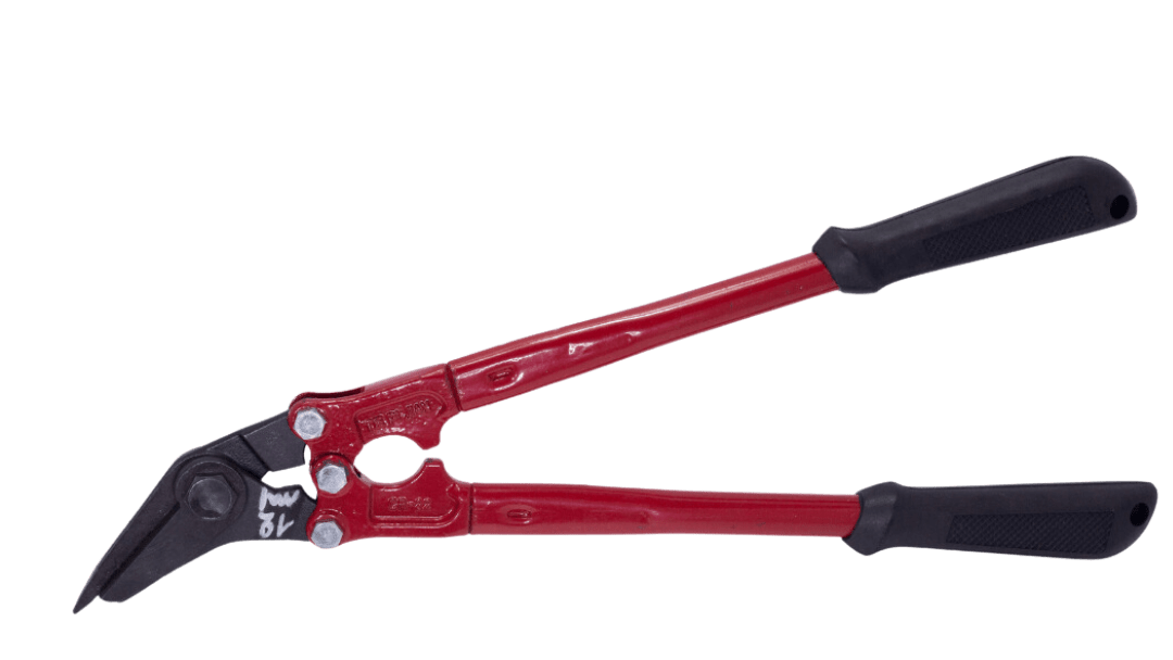 Steel strap shears with controlled strap release